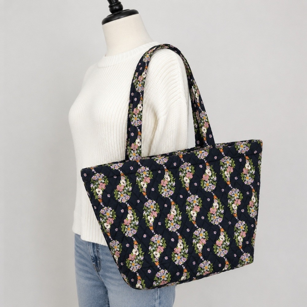 Vera Bradley Navy Blue Floral Quilted Cotton Tote Bag Shoulder Purse Pocket